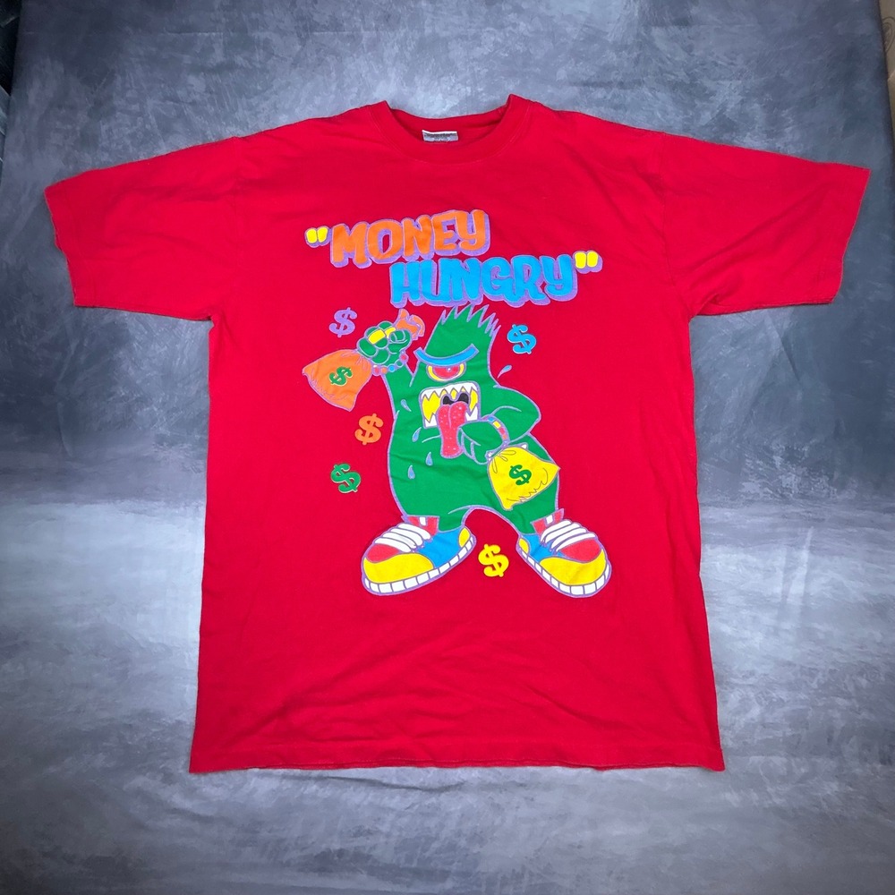 Vintage Russo Wear Money Hungry Graphic Tee Red Y2K Streetwear 2XL Heavy Duty - Picture 2 of 6
